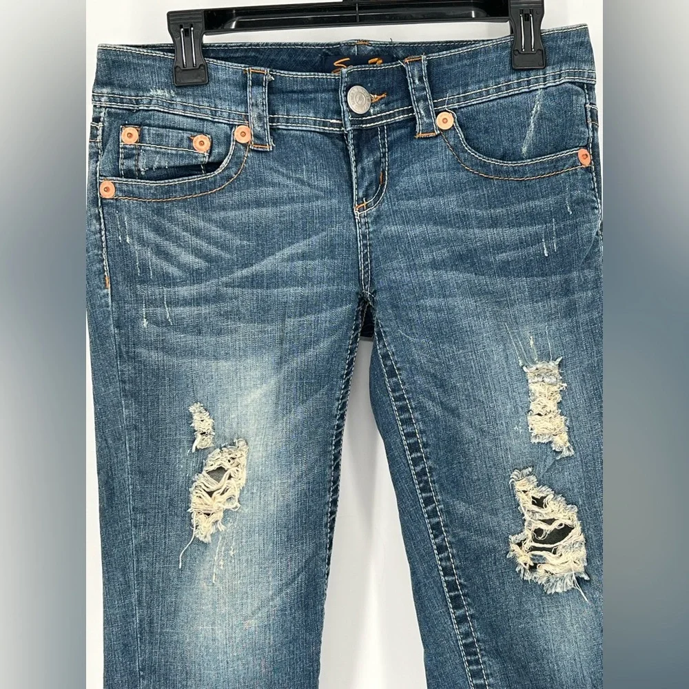 SEVEN7 DENIM RIPPED LONG SHORTS TRADITIONAL‎ 5 POCKET EMBROIDERY COTTON STRETCH